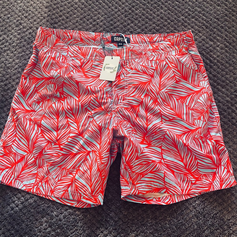 Capella Red Leaf Print Men's Swim Board Shorts